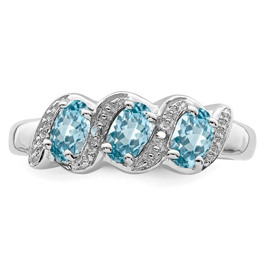White Gold Filled Sterling Silver 3 Stone Blue Topaz & Diamond Band Ring