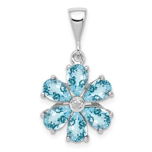 White Gold Filled Sterling Silver Blue Topaz Flower Pendant