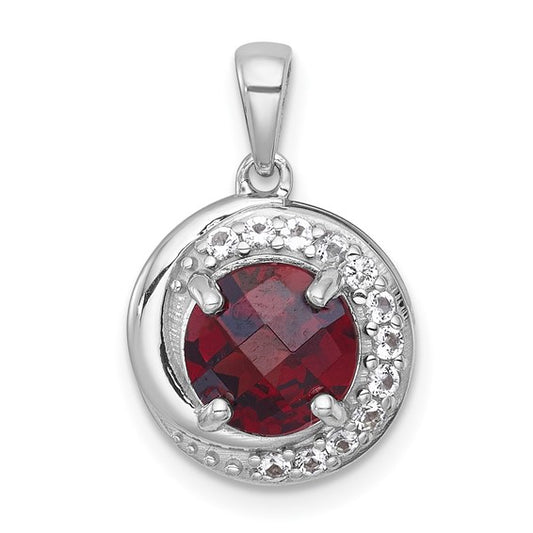 Sterling Silver Rhodium Plated Natural Garnet & White Topaz Circle Pendant