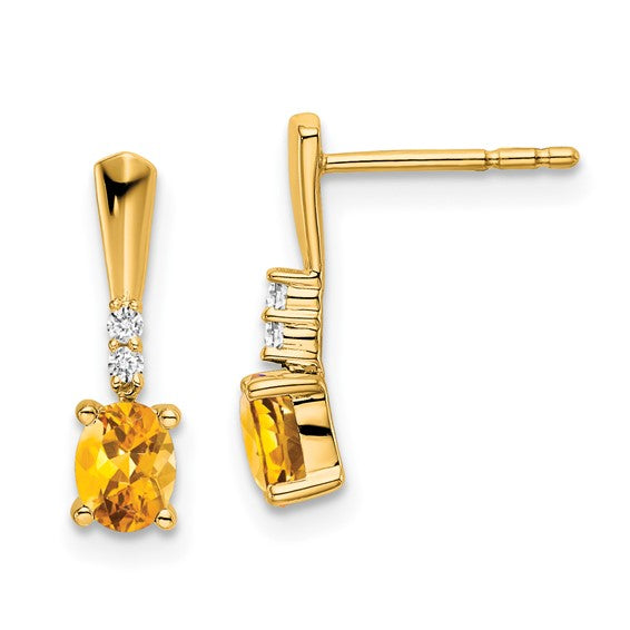 14K Yellow/White Gold Straight Dangle Earrings With Natural Citrine & Diamonds