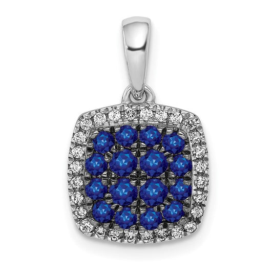 14K White Gold Squares Cluster Stone Natural Sapphire & Diamond Pendant
