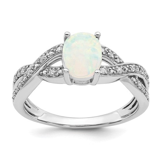 14K White Gold Lab Created Opal & Natural Diamond Twist Band Ring