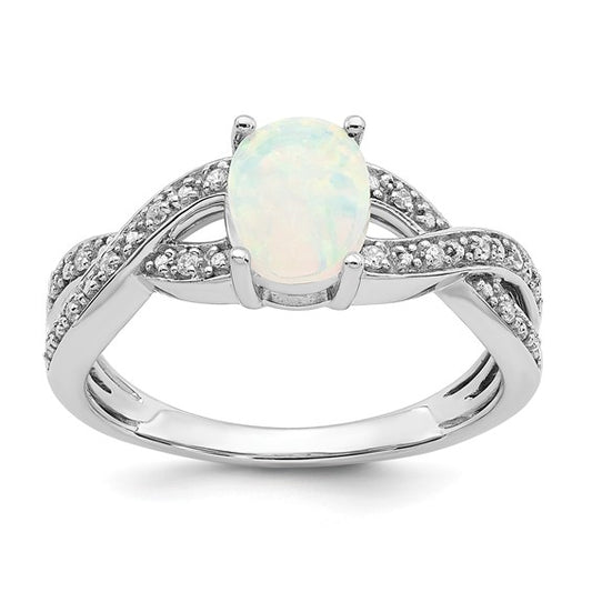 14K White Gold Lab Created Opal & Natural Diamond Twist Band Ring