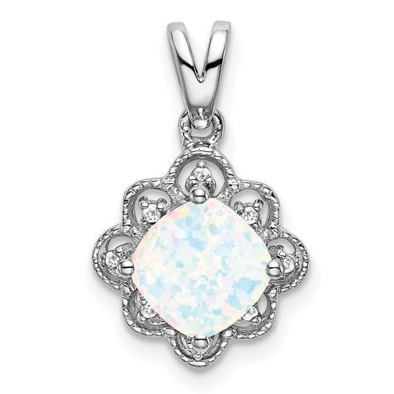 14K White Gold Halo Natural Diamond & Lab Opal Pendant
