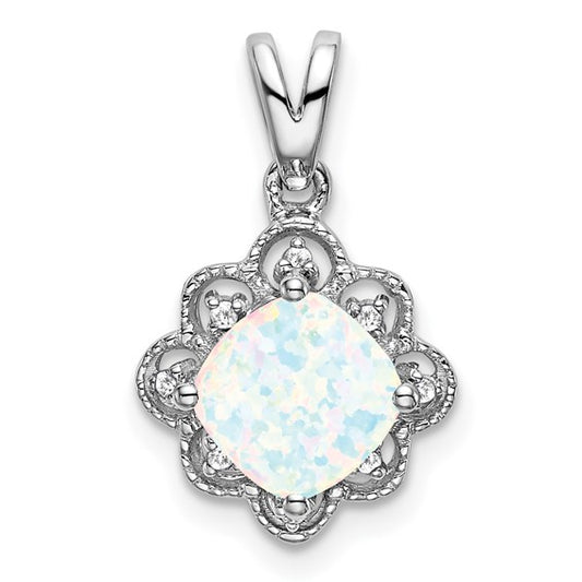 14K White Gold Halo Natural Diamond & Lab Opal Pendant