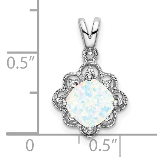 14K White Gold Halo Natural Diamond & Lab Opal Pendant