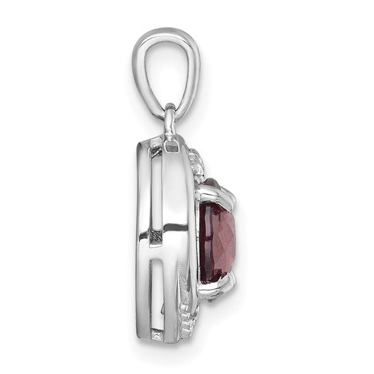Sterling Silver Rhodium Plated Natural Garnet & White Topaz Circle Pendant