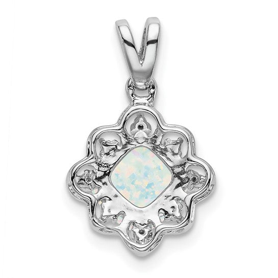 14K White Gold Halo Natural Diamond & Lab Opal Pendant