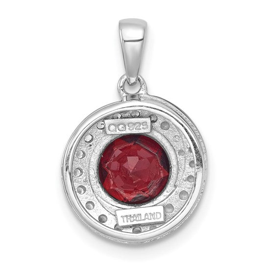 Sterling Silver Rhodium Plated Natural Garnet & White Topaz Circle Pendant