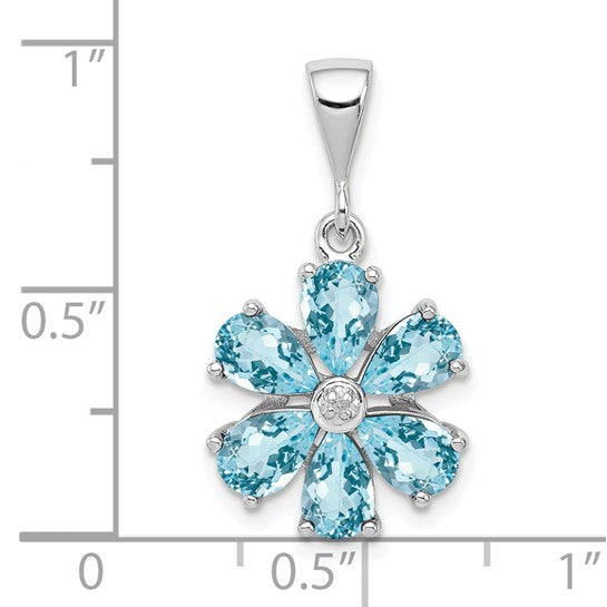 White Gold Filled Sterling Silver Blue Topaz Flower Pendant