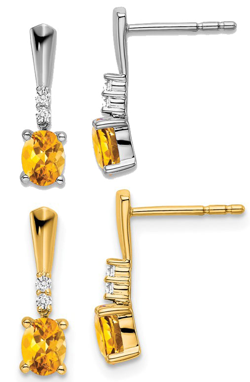 14K Yellow/White Gold Straight Dangle Earrings With Natural Citrine & Diamonds