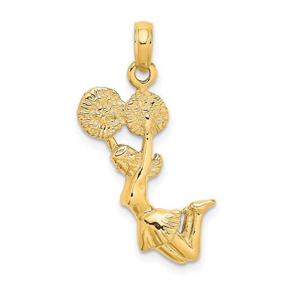 14K Yellow Gold 3D Jumping Cheerleader Pom Pom Pendant