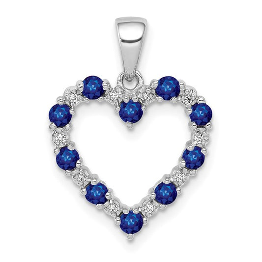 14K White Gold Natural Sapphire & Diamond Heart Pendant