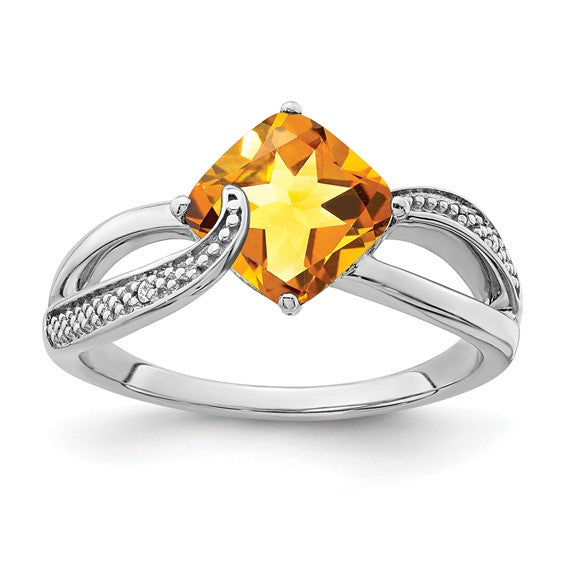 Sterling Silver White Gold Plated 2.5 Carat Natural Citrine & Diamond Ring