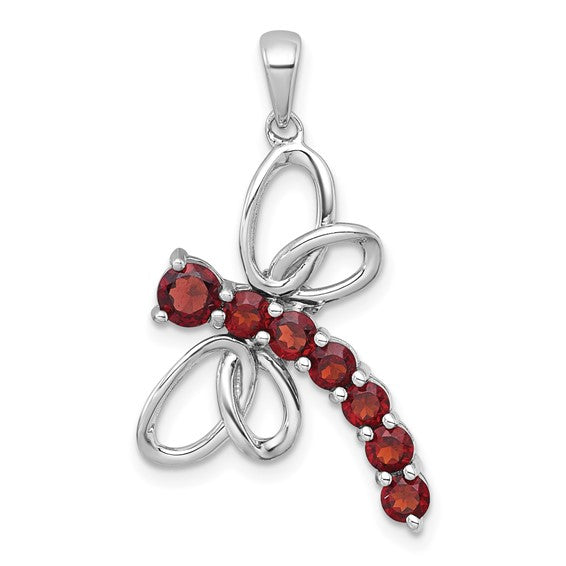Sterling Silver Rhodium Plated Natural Garnet Dragon Fly Pendant