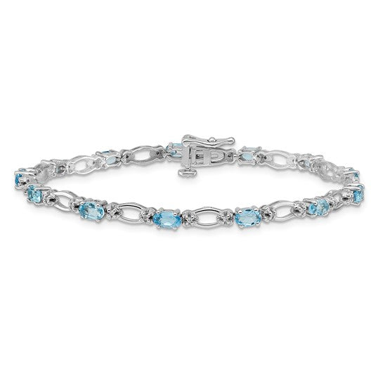 14K White Gold Open Link Blue topaz & Diamond Bracelet