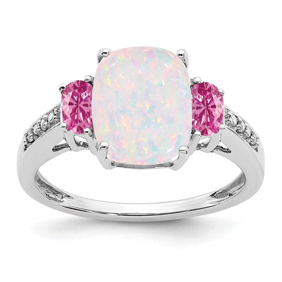 14K White Gold Lab Created Opal & Natural Diamond Pink Sapphire Accent Ring