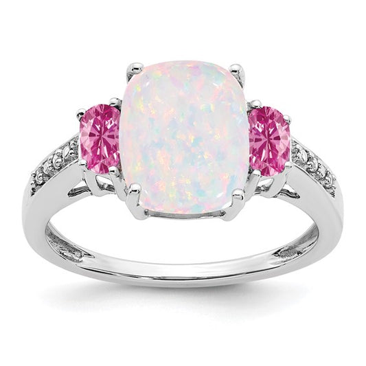14K White Gold Lab Created Opal & Natural Diamond Pink Sapphire Accent Ring