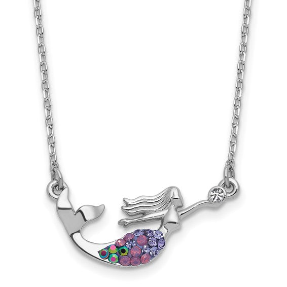Sterling Silver Rhodium Crystal Multi Colored Mermaid Necklace