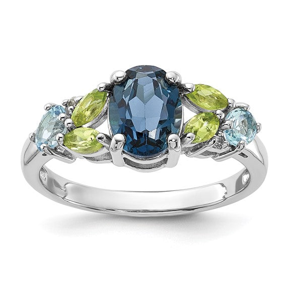 White Gold Filled Sterling Silver Multi Stone Natural Blue Topaz/Peridot Ring
