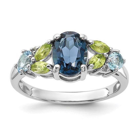 White Gold Filled Sterling Silver Multi Stone Natural Blue Topaz/Peridot Ring