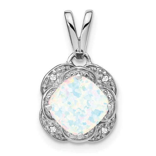 14K White Gold Natural Diamond & Lab Opal Victorian Style Pendant