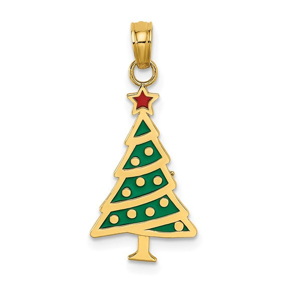 10K Yellow Gold Enameled Christmas Tree Pendant