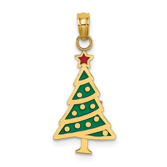 10K Yellow Gold Enameled Christmas Tree Pendant