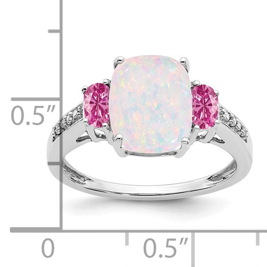 14K White Gold Lab Created Opal & Natural Diamond Pink Sapphire Accent Ring