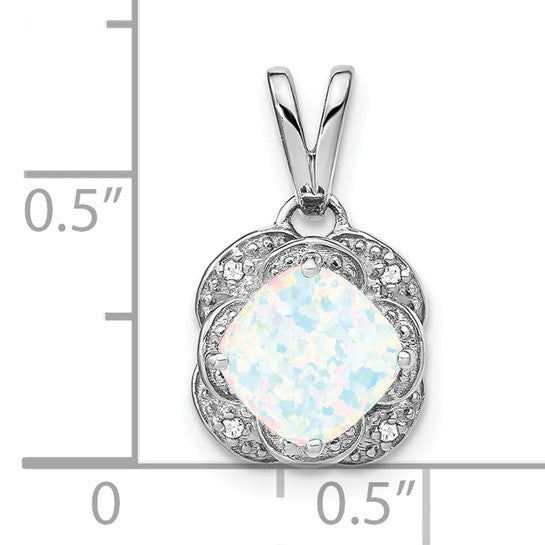 14K White Gold Natural Diamond & Lab Opal Victorian Style Pendant
