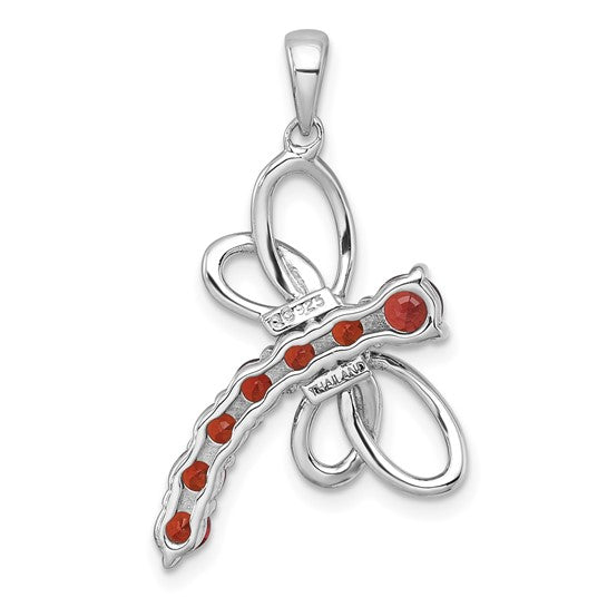 Sterling Silver Rhodium Plated Natural Garnet Dragon Fly Pendant