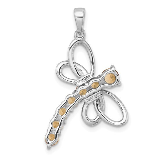 Sterling Silver White Gold Plated Natural Citrine Dragonfly Pendant