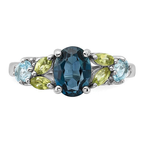 White Gold Filled Sterling Silver Multi Stone Natural Blue Topaz/Peridot Ring