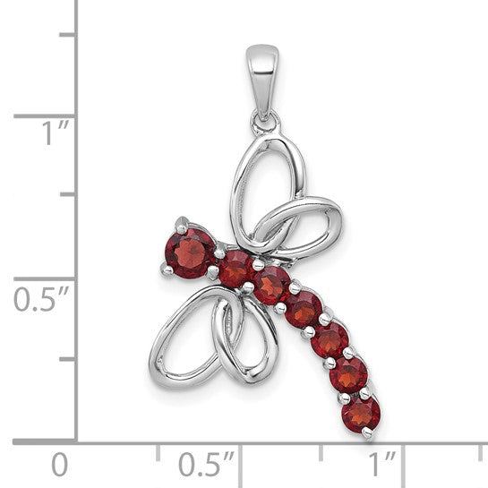 Sterling Silver Rhodium Plated Natural Garnet Dragon Fly Pendant
