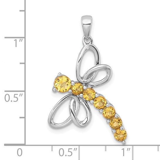 Sterling Silver White Gold Plated Natural Citrine Dragonfly Pendant