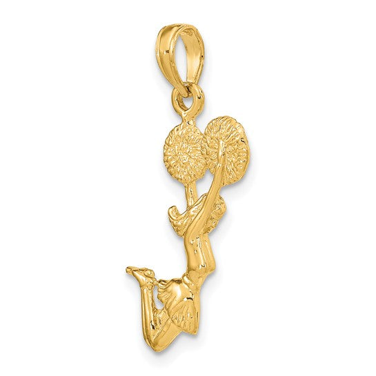 14K Yellow Gold 3D Jumping Cheerleader Pom Pom Pendant