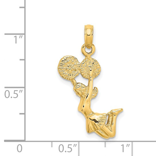 14K Yellow Gold 3D Jumping Cheerleader Pom Pom Pendant