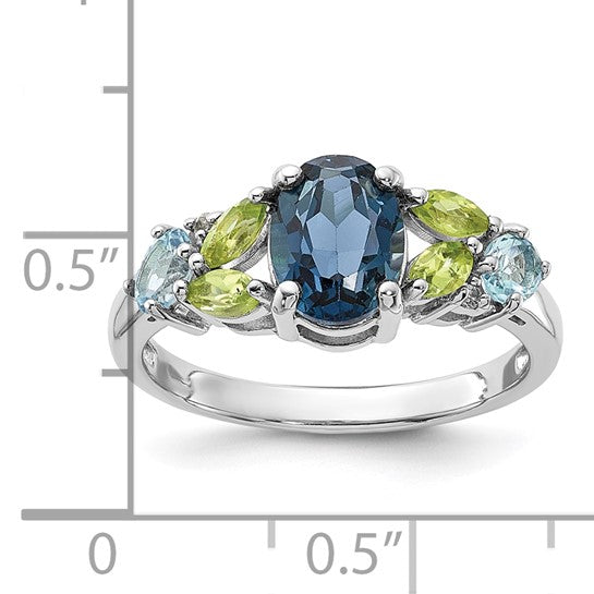 White Gold Filled Sterling Silver Multi Stone Natural Blue Topaz/Peridot Ring