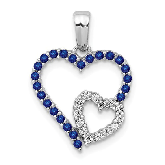 14K White Gold Double Heart Natural Sapphire & Diamond Pendant