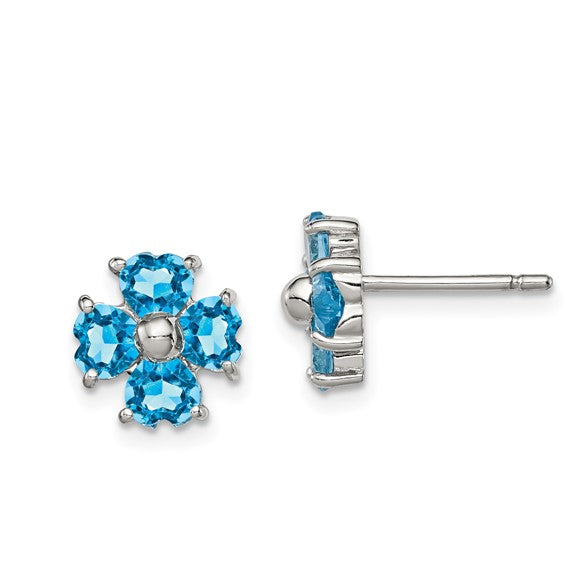 White Gold Filled Sterling Silver Blue Topaz Flower Post Earrings
