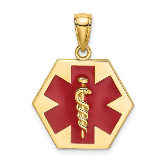 10K Yellow Gold EMT Medical Symbol Red Pendant