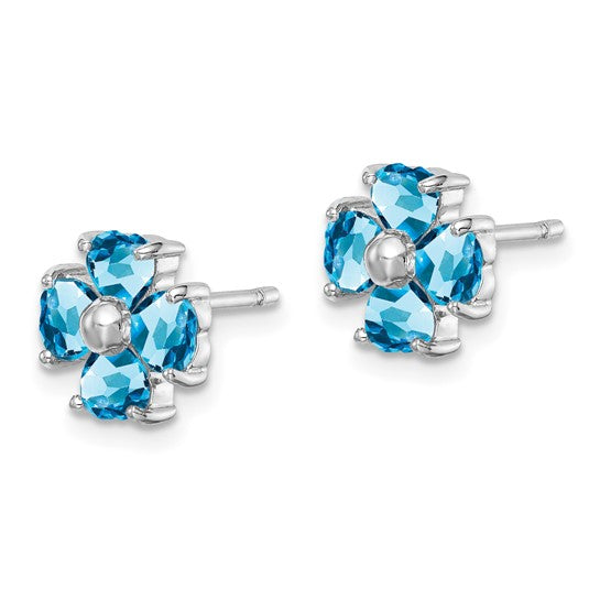 White Gold Filled Sterling Silver Blue Topaz Flower Post Earrings