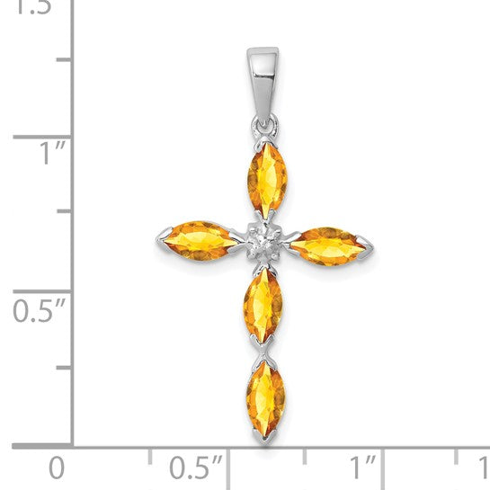 Sterling Silver White Gold Plated Natural Citrine Cross Pendant