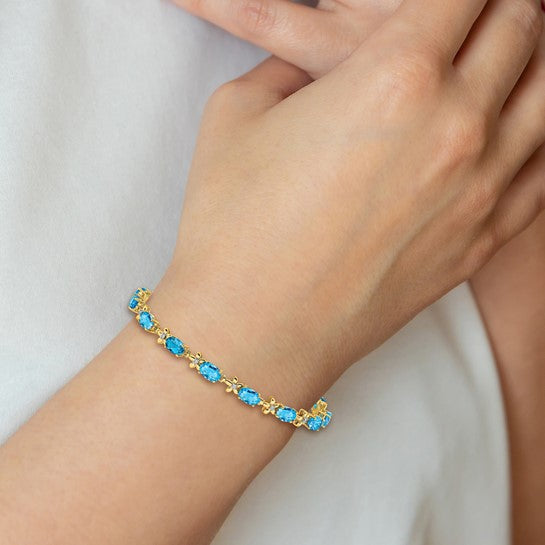 14K White/Yellow Gold Blue Topaz & Diamond Floral Bracelet