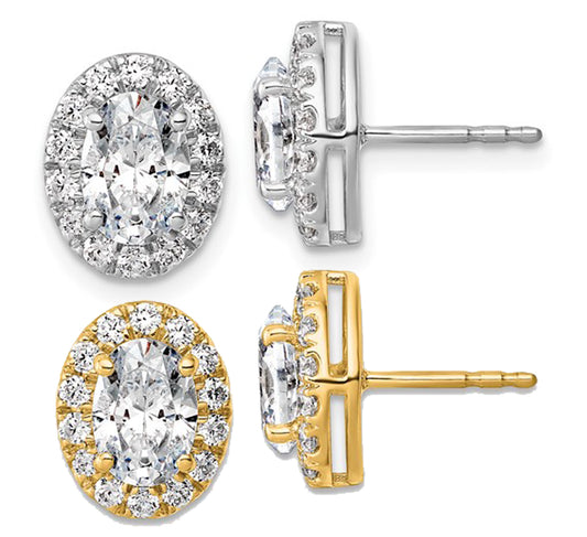 14K White/Yellow Gold 2 Carat Total Oval Halo Diamond Earrings