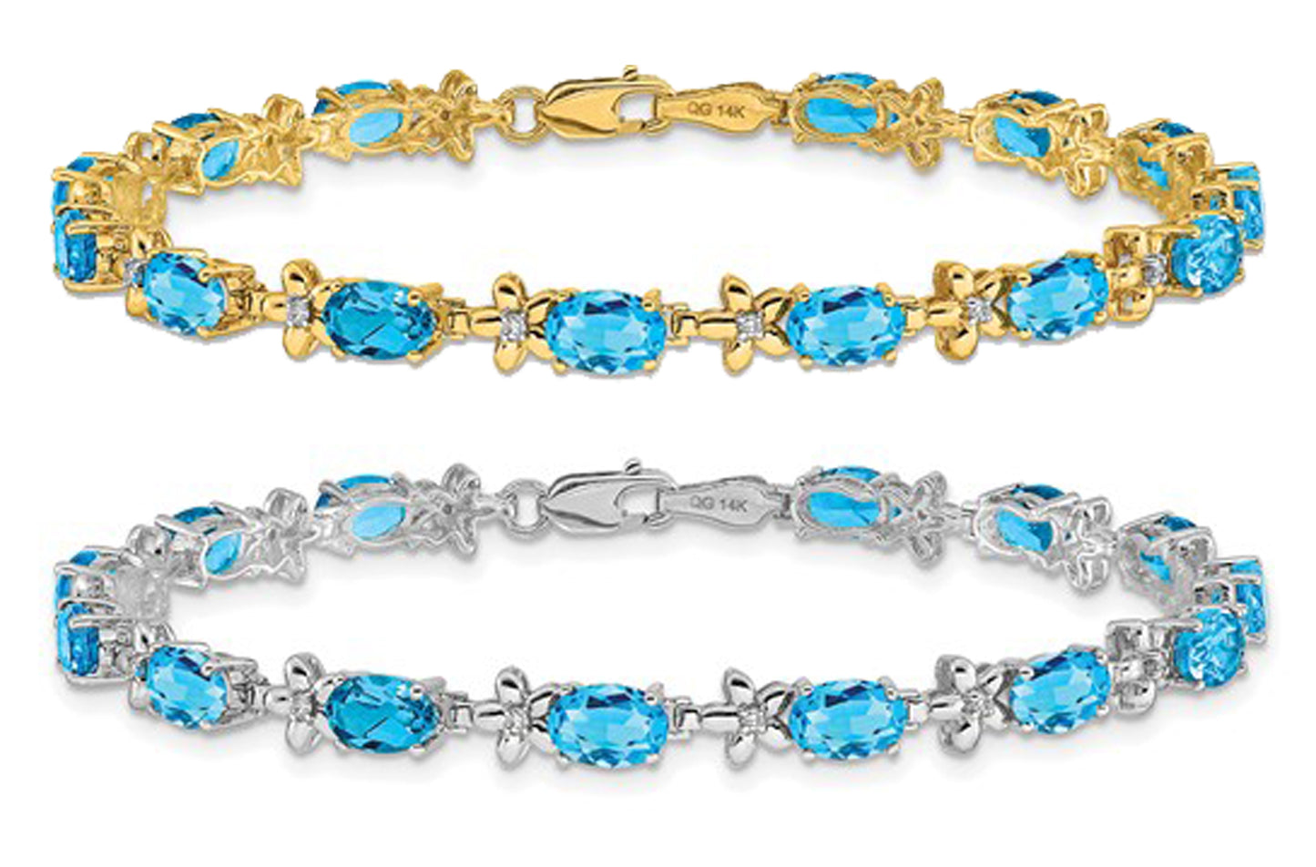 14K White/Yellow Gold Blue Topaz & Diamond Floral Bracelet