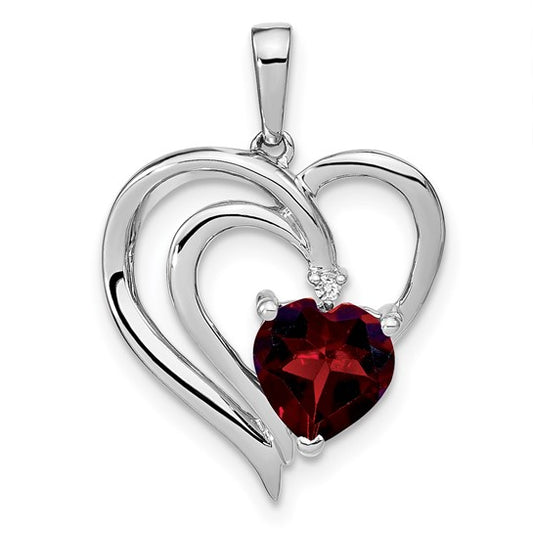 Sterling Silver Rhodium Plated 1.5 Carat Natural Garnet & Diamond Wave Heart Pendant