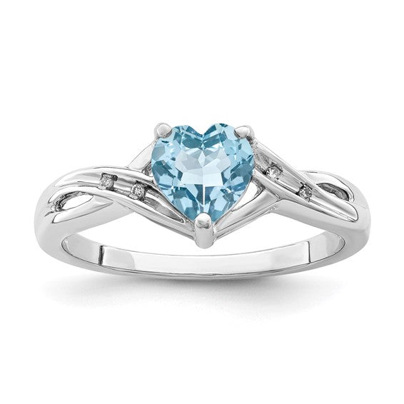 White Gold Filled Sterling Silver Heart Cut Blue Topaz & Diamond Ring