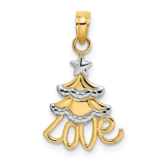 10K Yellow Gold Two Tone Love Christmas Tree Pendant