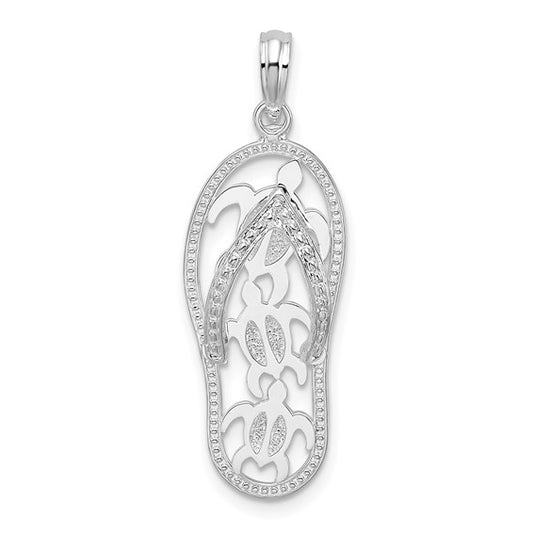 Sterling Silver Rhodium Plated 3D Flip Flop Turtle Pendant